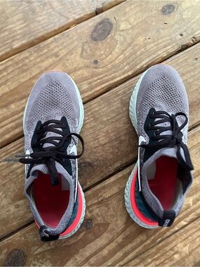 Nike Grey React FlyKnit Running Shoes with Coral and Teal Accents